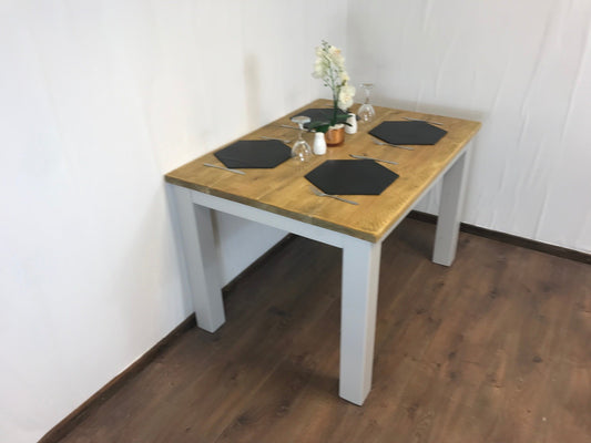 Dining Table and bench set. Farmhouse style hand painted legs using Little Green French grey. Rustic solid wood, hand stained Table top - Industerior