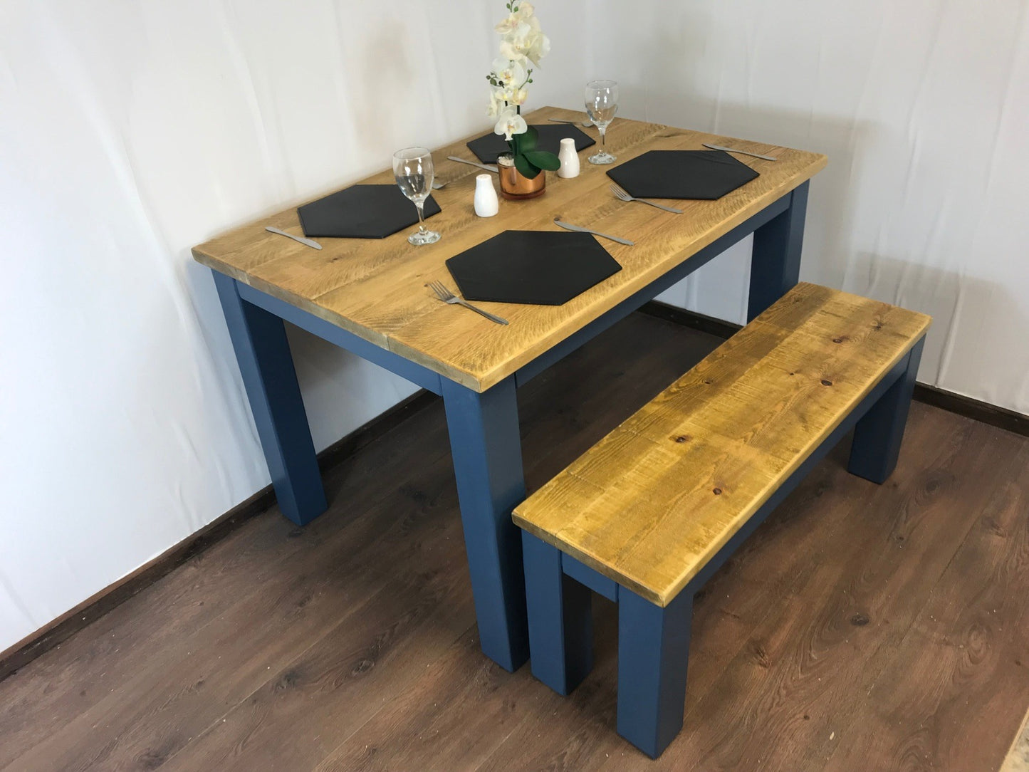 Dining Table and bench set. Farmhouse style hand painted legs using Little Green Hicks Blue. Rustic solid wood, hand stained Table top