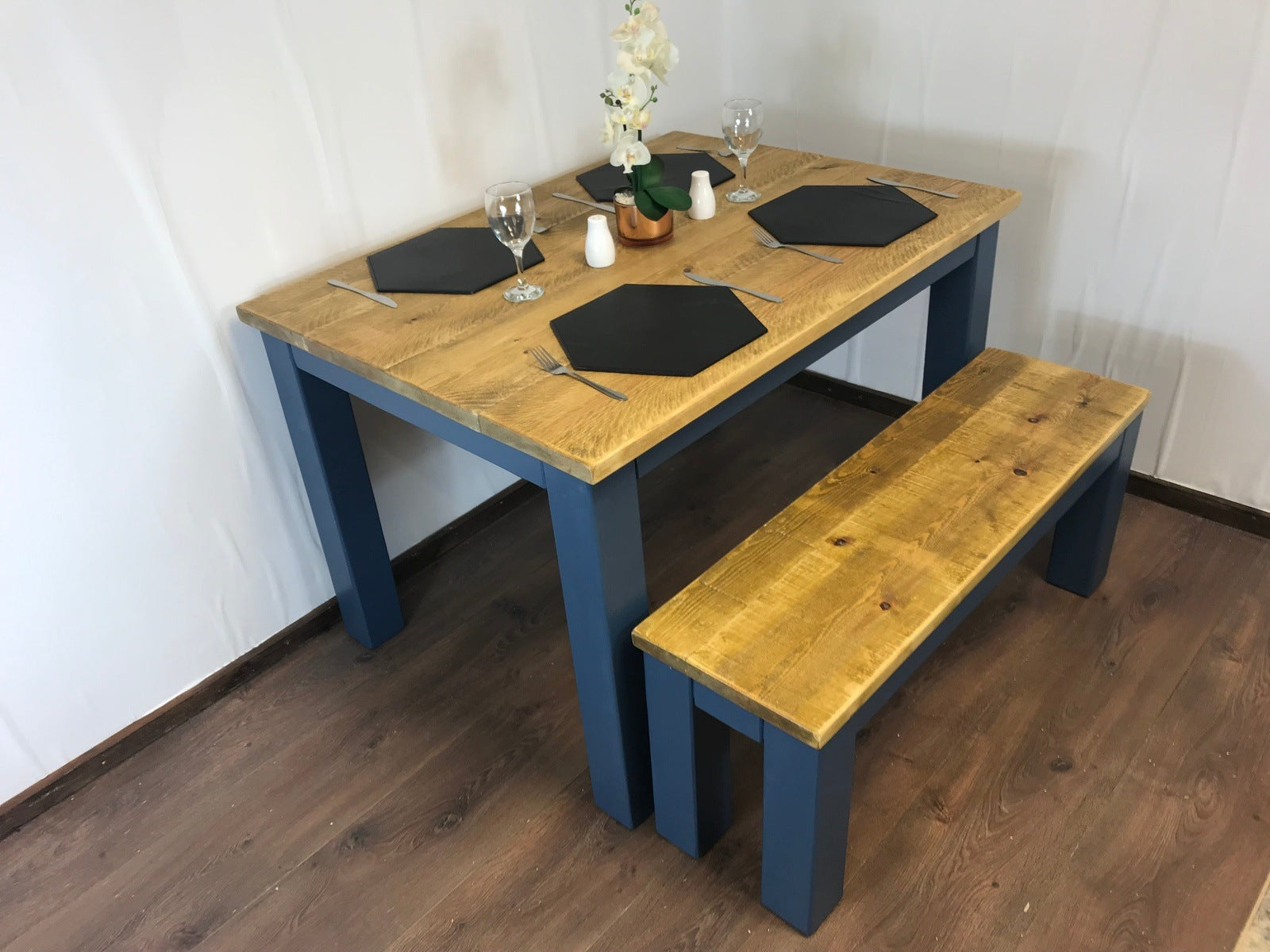 Dining Table and bench set. Farmhouse style hand painted legs using Little Green Hicks Blue. Rustic solid wood, hand stained Table top - Industerior