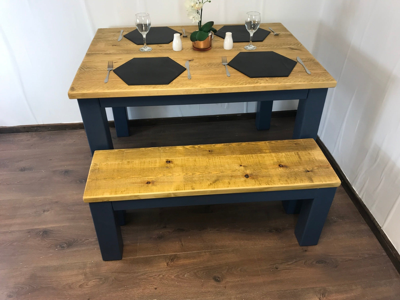 Dining Table and bench set. Farmhouse style hand painted legs using Little Green Hicks Blue. Rustic solid wood, hand stained Table top - Industerior