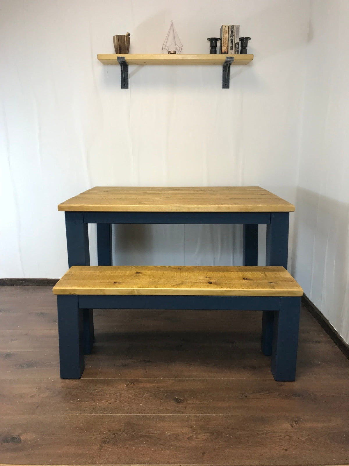 Dining Table and bench set. Farmhouse style hand painted legs using Little Green Hicks Blue. Rustic solid wood, hand stained Table top - Industerior