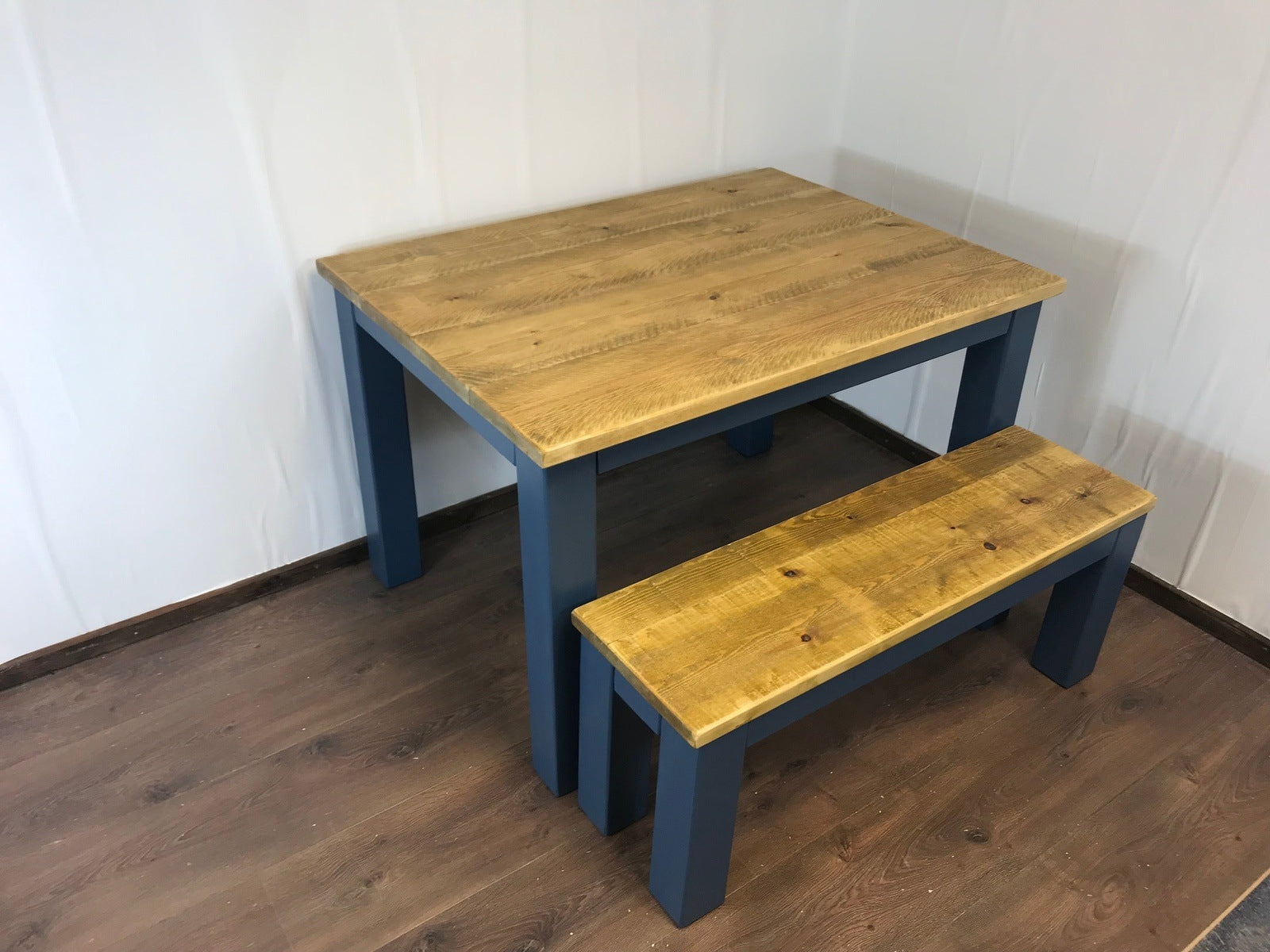 Dining Table and bench set. Farmhouse style hand painted legs using Little Green Hicks Blue. Rustic solid wood, hand stained Table top - Industerior