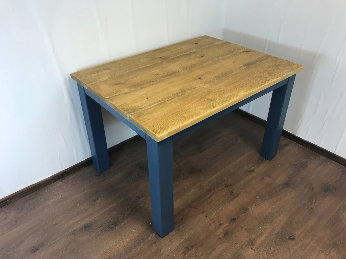Dining Table and bench set. Farmhouse style hand painted legs using Little Green Hicks Blue. Rustic solid wood, hand stained Table top