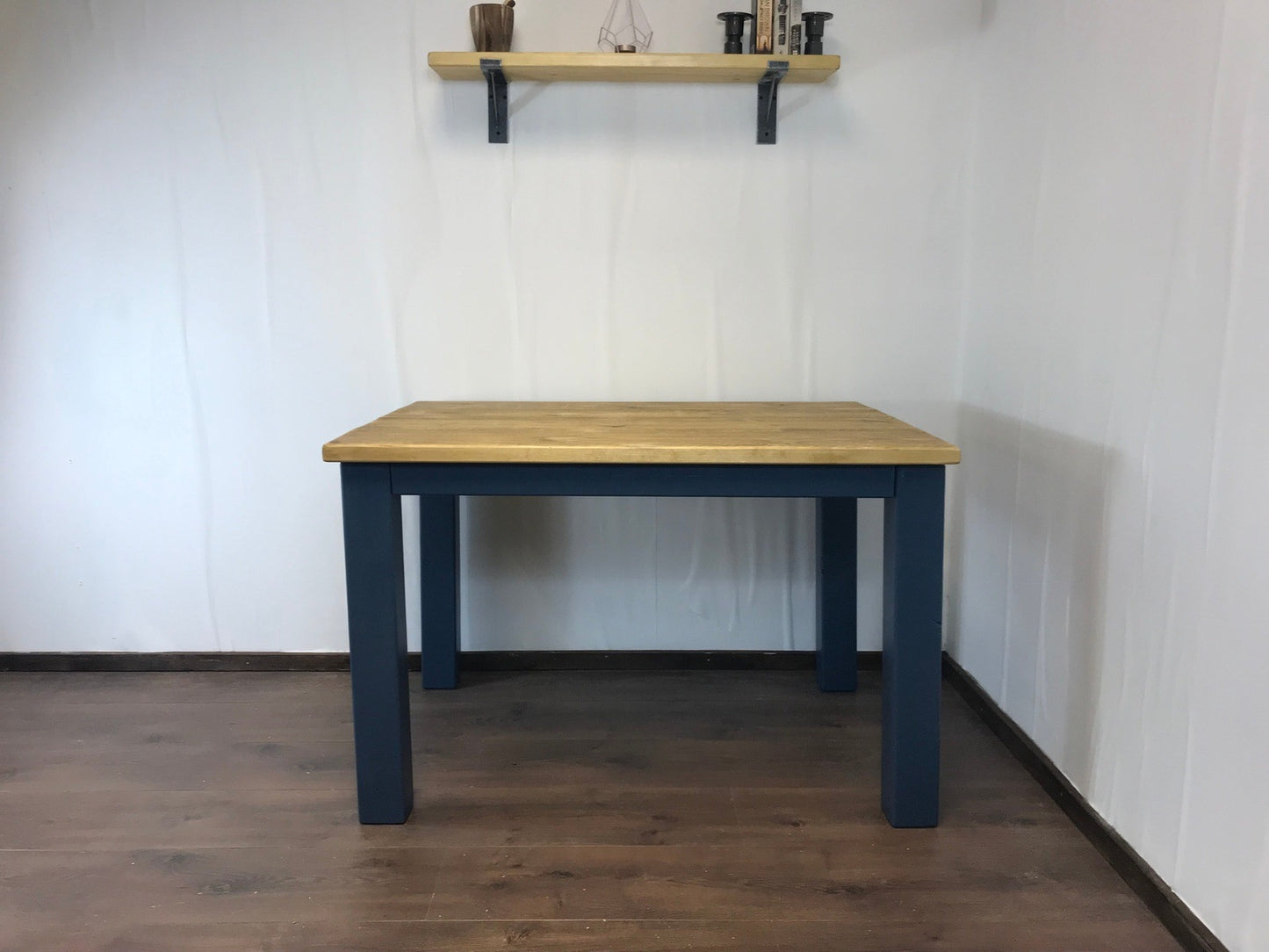 Dining Table and bench set. Farmhouse style hand painted legs using Little Green Hicks Blue. Rustic solid wood, hand stained Table top