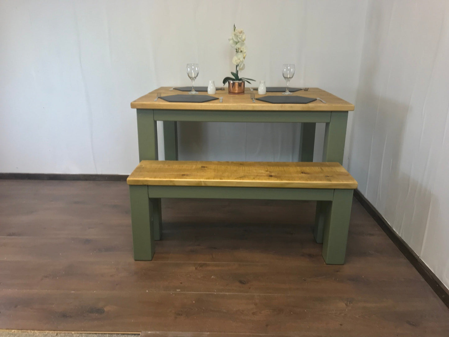Dining Table and bench set. Farmhouse style hand painted legs using Little Green Sage green. Rustic solid wood, hand stained Table top