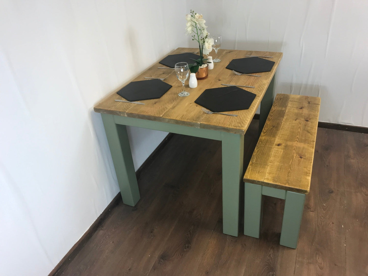 Dining Table and bench set. Farmhouse style hand painted legs using Little Green Sage green. Rustic solid wood, hand stained Table top