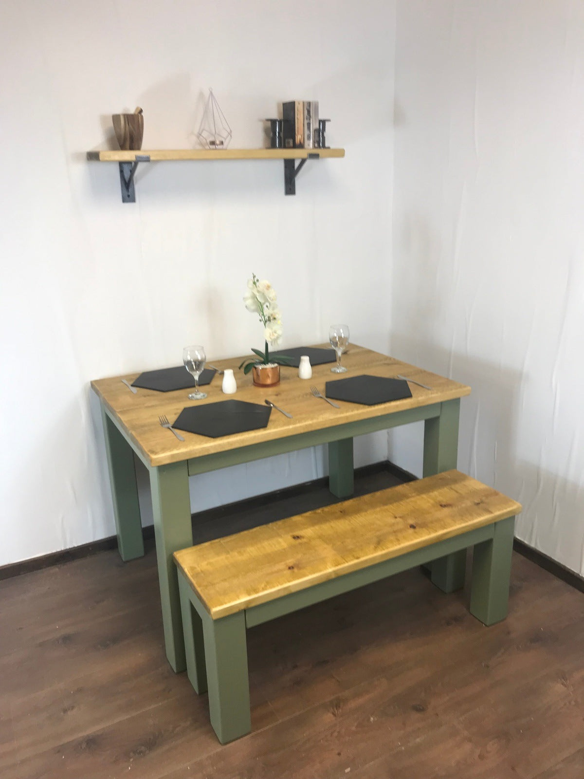 Dining Table and bench set. Farmhouse style hand painted legs using Little Green Sage green. Rustic solid wood, hand stained Table top - Industerior