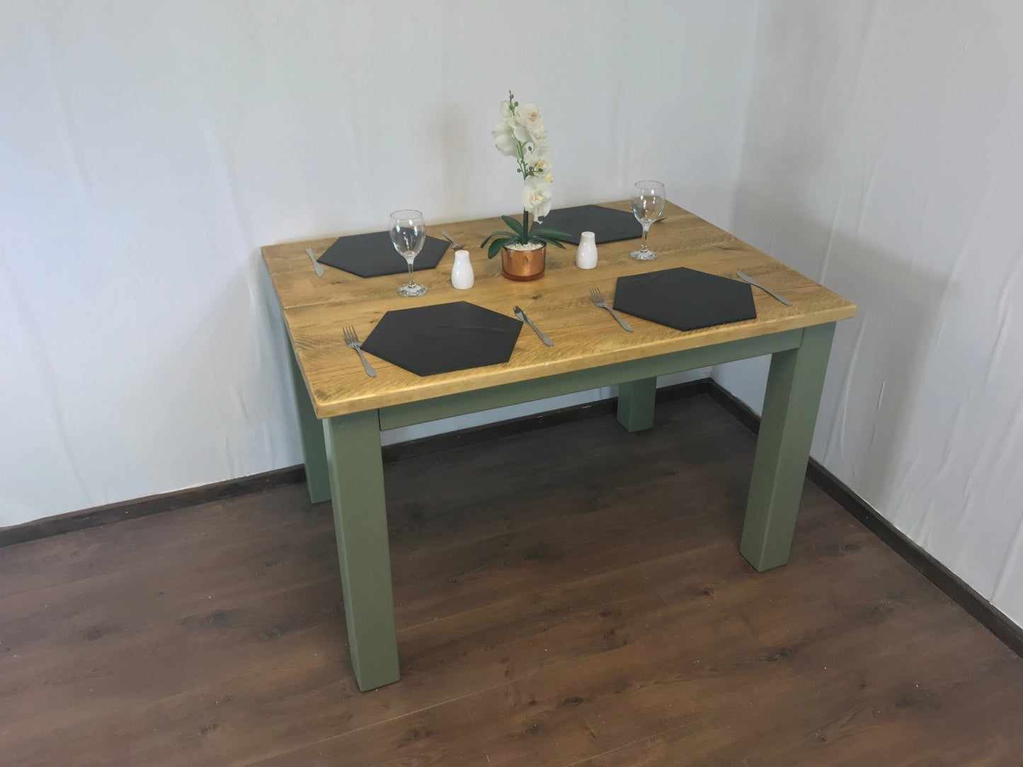 Dining Table and bench set. Farmhouse style hand painted legs using Little Green Sage green. Rustic solid wood, hand stained Table top - Industerior