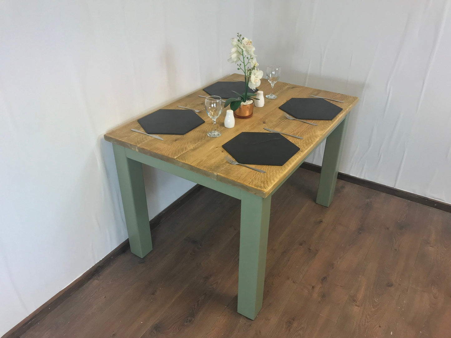 Dining Table and bench set. Farmhouse style hand painted legs using Little Green Sage green. Rustic solid wood, hand stained Table top
