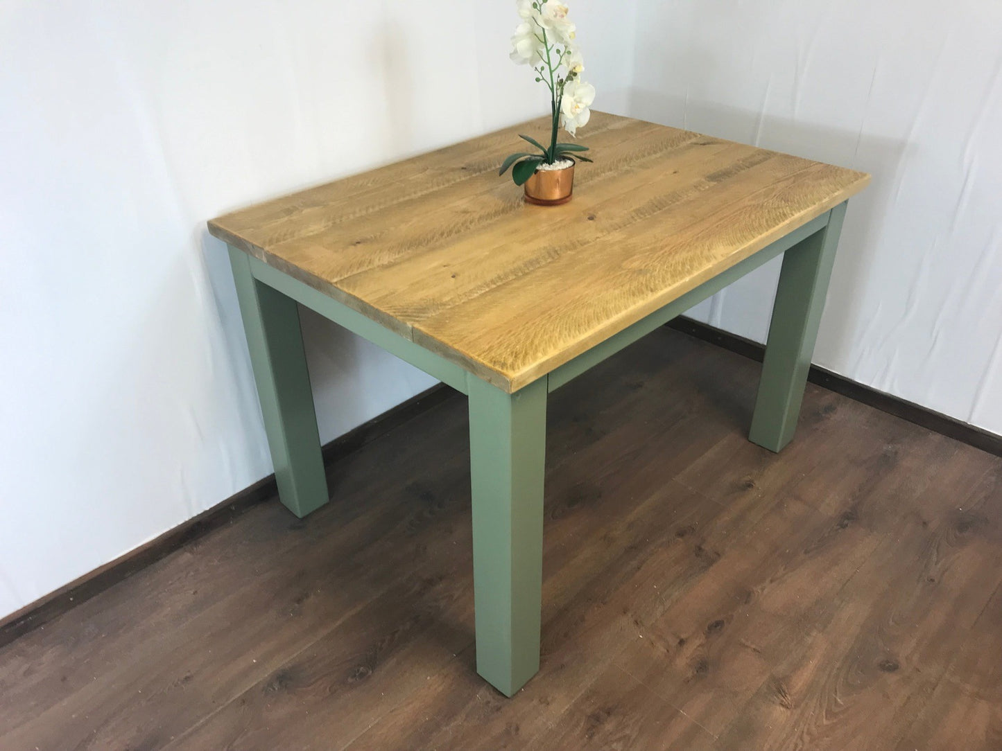 Dining Table and bench set. Farmhouse style hand painted legs using Little Green Sage green. Rustic solid wood, hand stained Table top