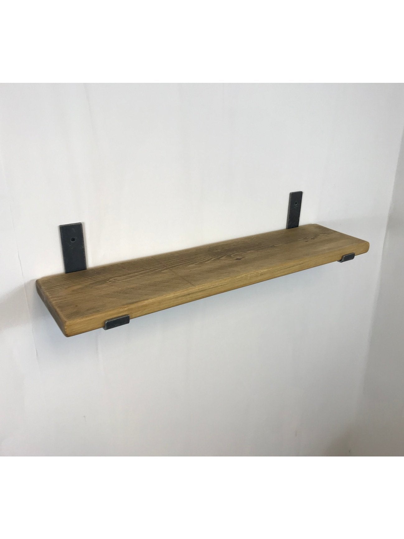Rustic Style Solid Wood Shelf with lipped up Raw Steel Brackets, Handcrafted, 22cm Depth x 3.2cm, 5 wood finishes. free Uk delivery.