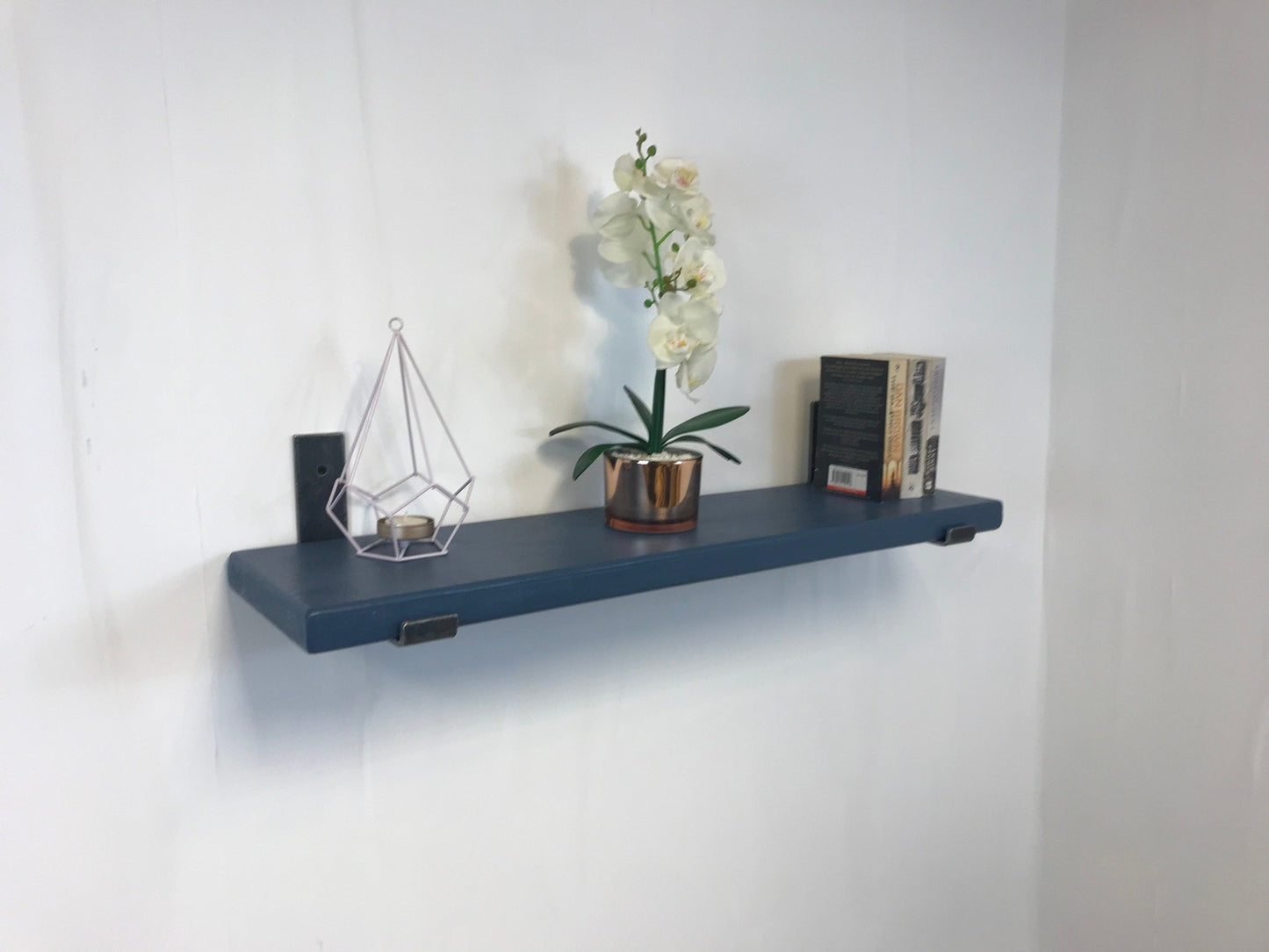 Handpainted Solid Wood Shelf with lipped up Brackets, Handcrafted, 22cm Depth x 3.2cm Thickness, Little green paint . Free UK delivery - Industerior
