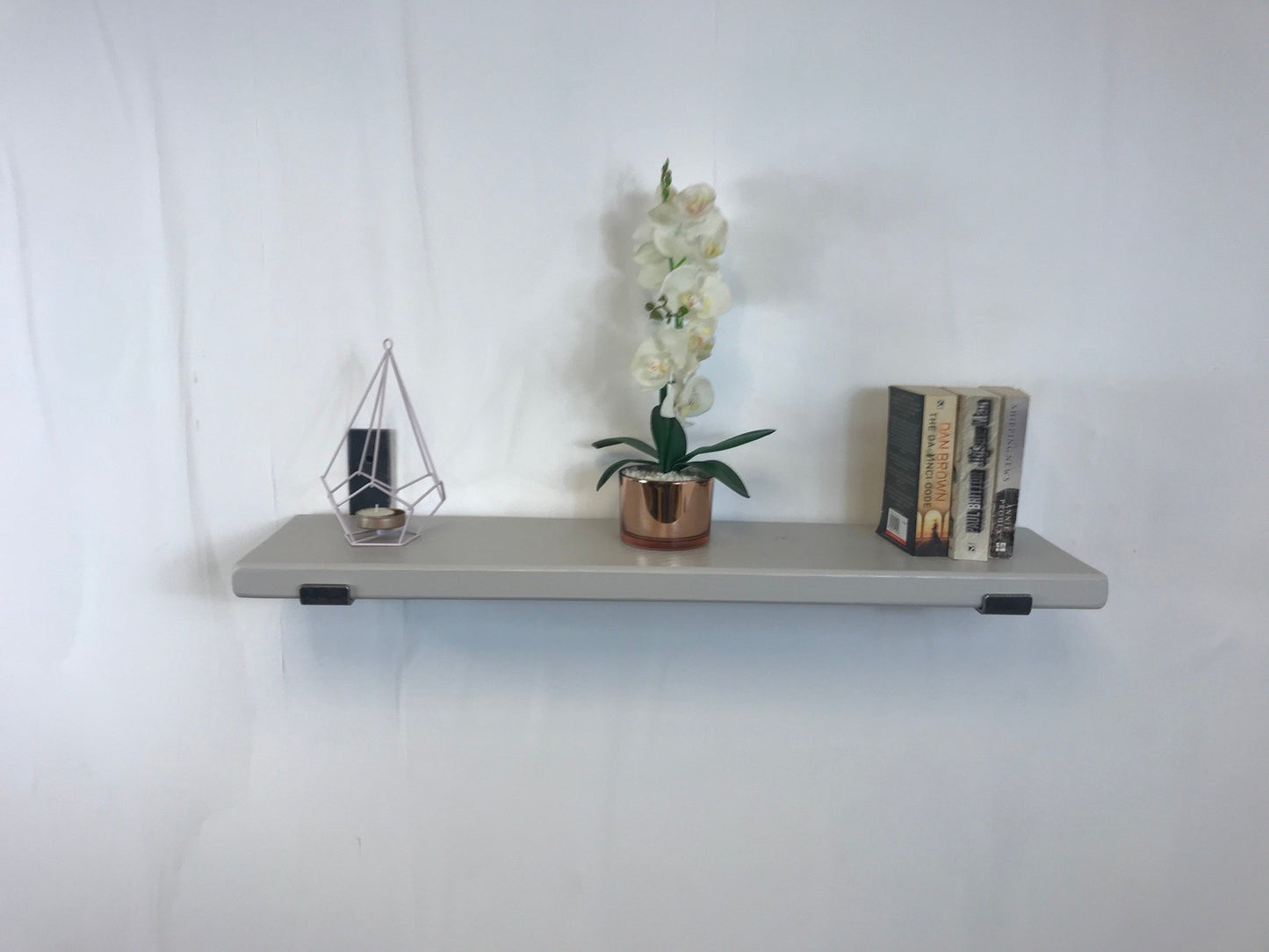 Handpainted Solid Wood Shelf with lipped up Brackets, Handcrafted, 22cm Depth x 3.2cm Thickness, Little green paint . Free UK delivery - Industerior