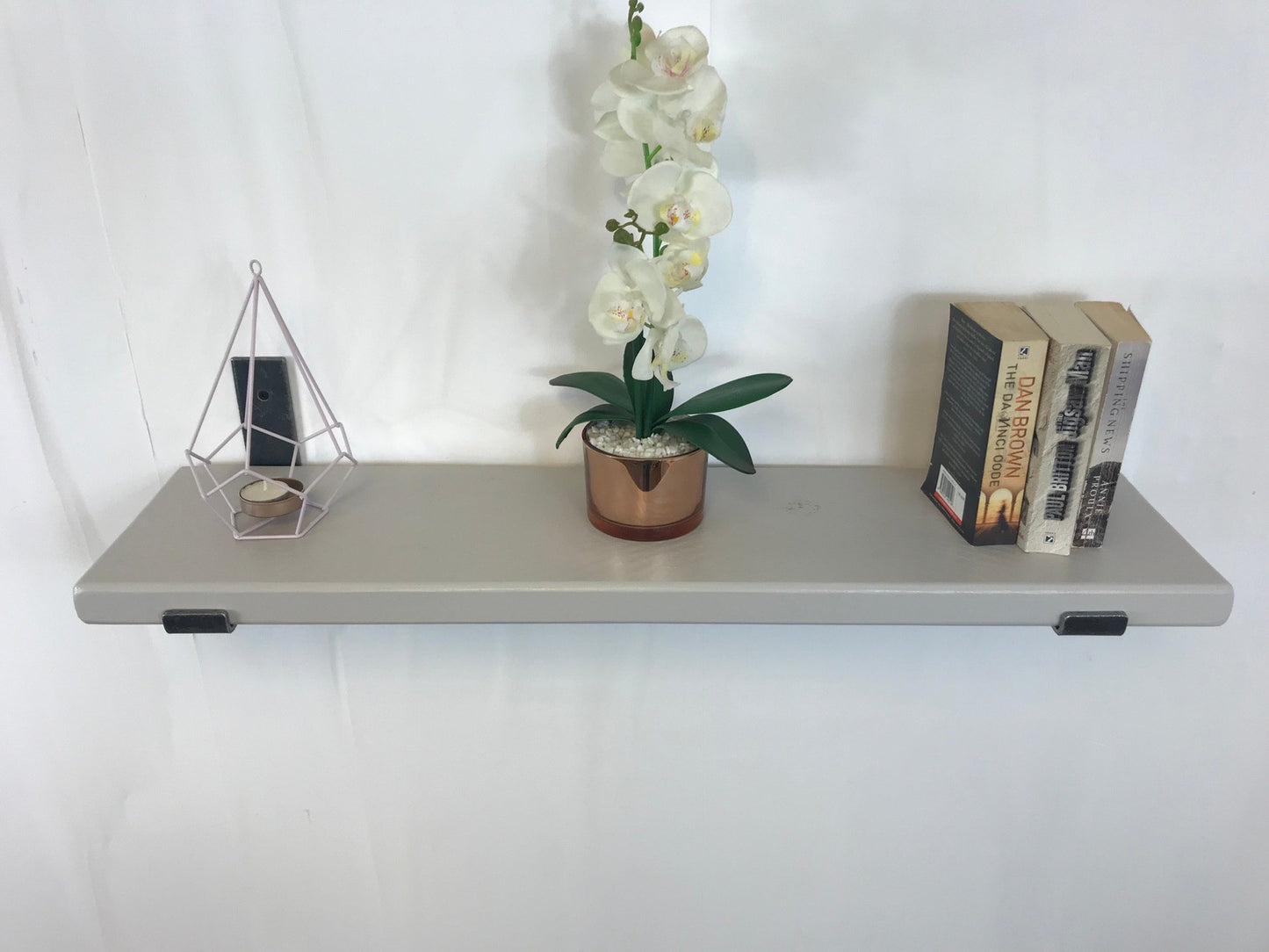 Handpainted Solid Wood Shelf with lipped up Brackets, Handcrafted, 22cm Depth x 3.2cm Thickness, Little green paint . Free UK delivery - Industerior