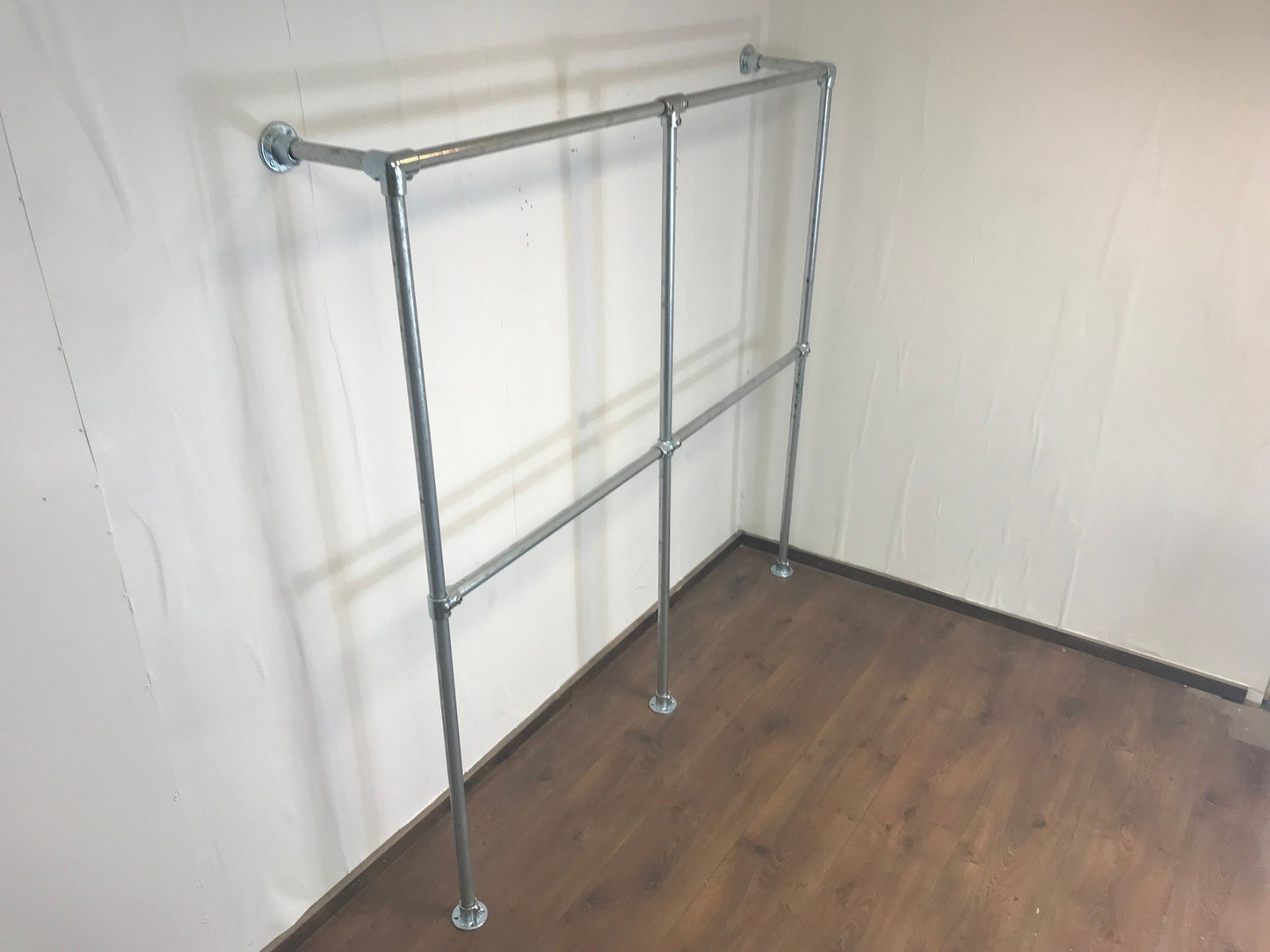 Wall-to-Floor Double Clothing Rail with 2 sections in Galvanized Silver or Black 180cm tall - Industerior