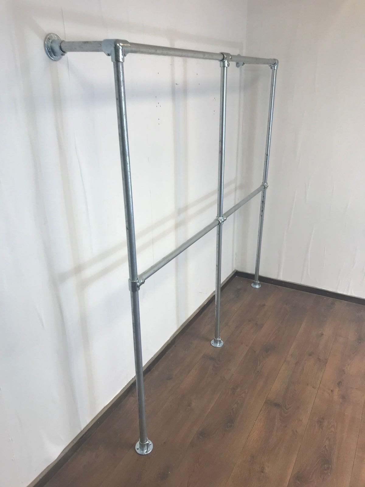 Wall-to-Floor Double Clothing Rail with 2 sections in Galvanized Silver or Black 180cm tall - Industerior