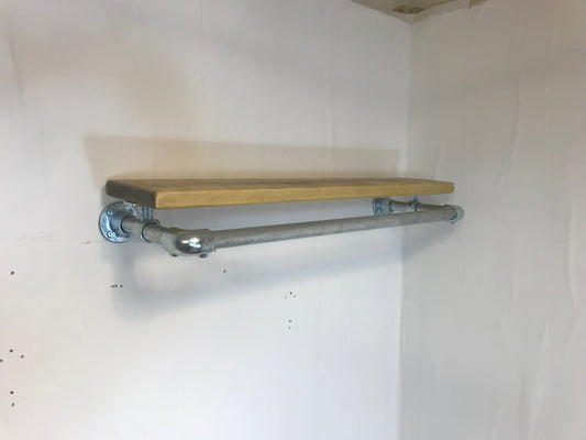 Wall fixed clothing rail with wood shelf in various widths. Black or galvanised silver. - Industerior