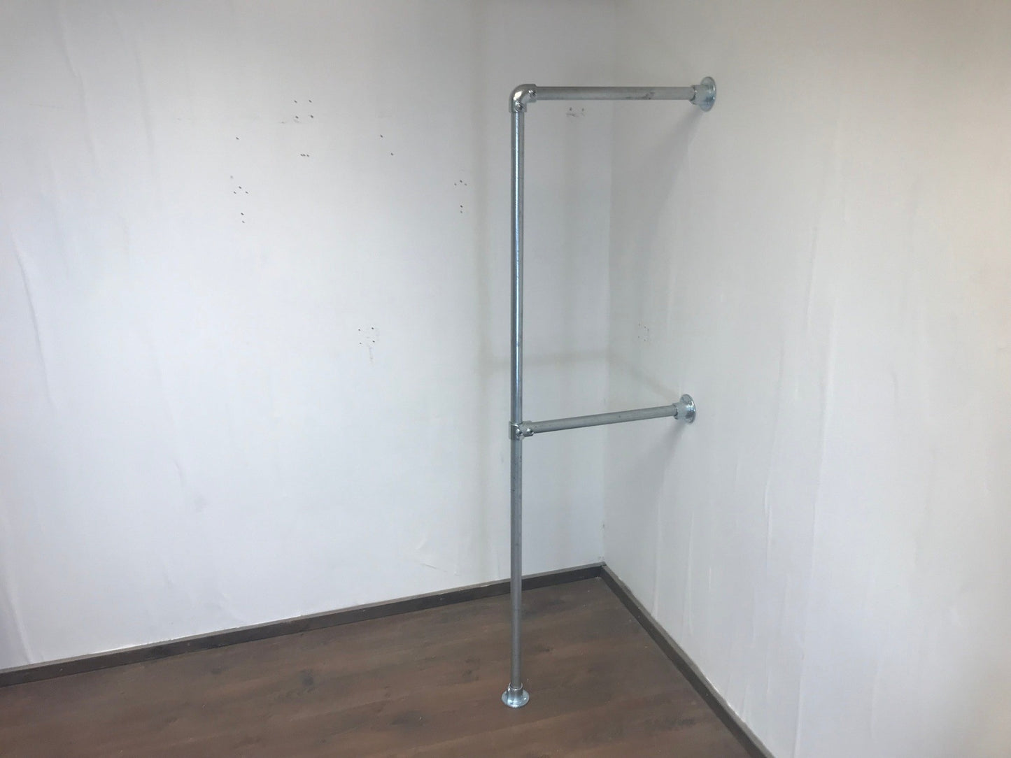 Wall fixed Clothing rail with 2 hanging rails in galvanized silver and black
