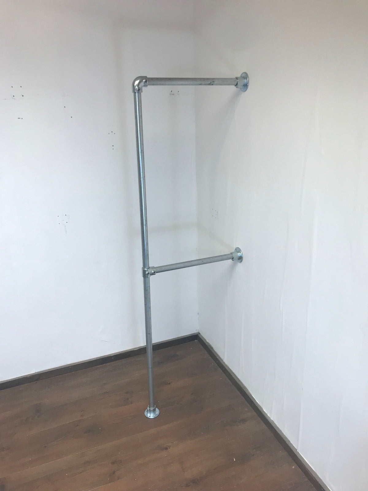 Wall fixed Clothing rail with 2 hanging rails in galvanized silver and black