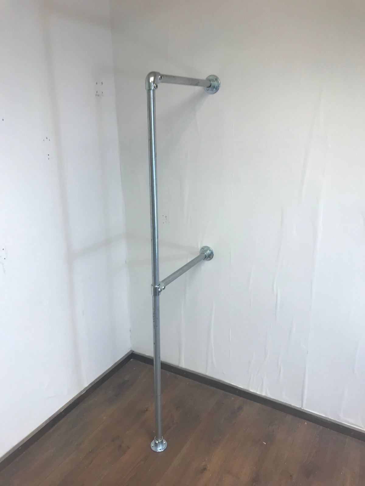 Wall fixed Clothing rail with 2 hanging rails in galvanized silver and black