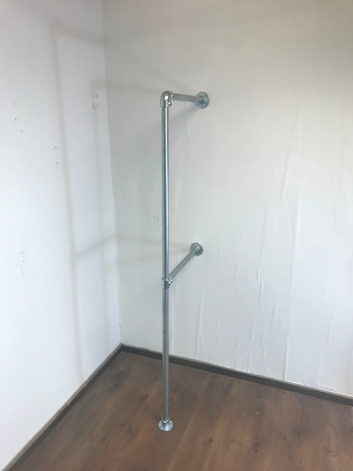 Wall fixed Clothing rail with 2 hanging rails in galvanized silver and black