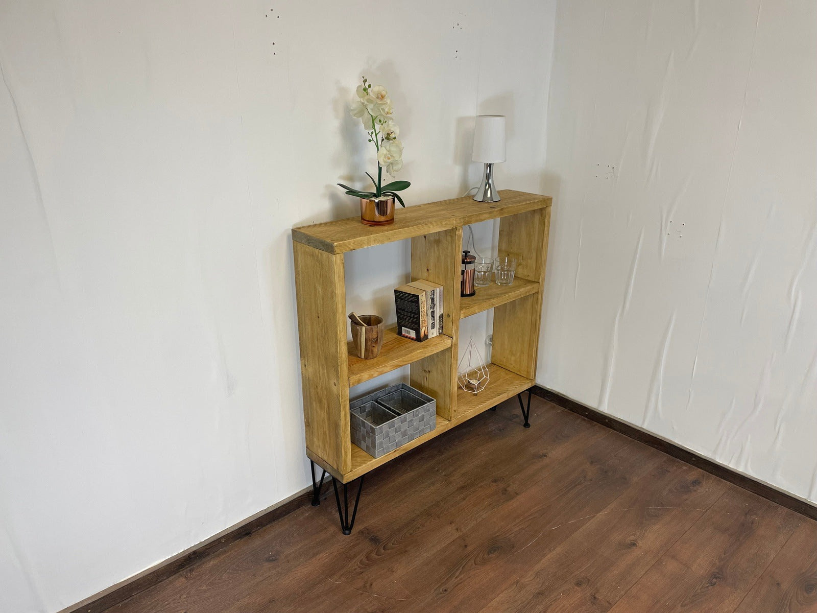 Rustic Sideboard / bookcase with Offset Shelves and Industrial Hairpin Legs - 100cm High - Industerior