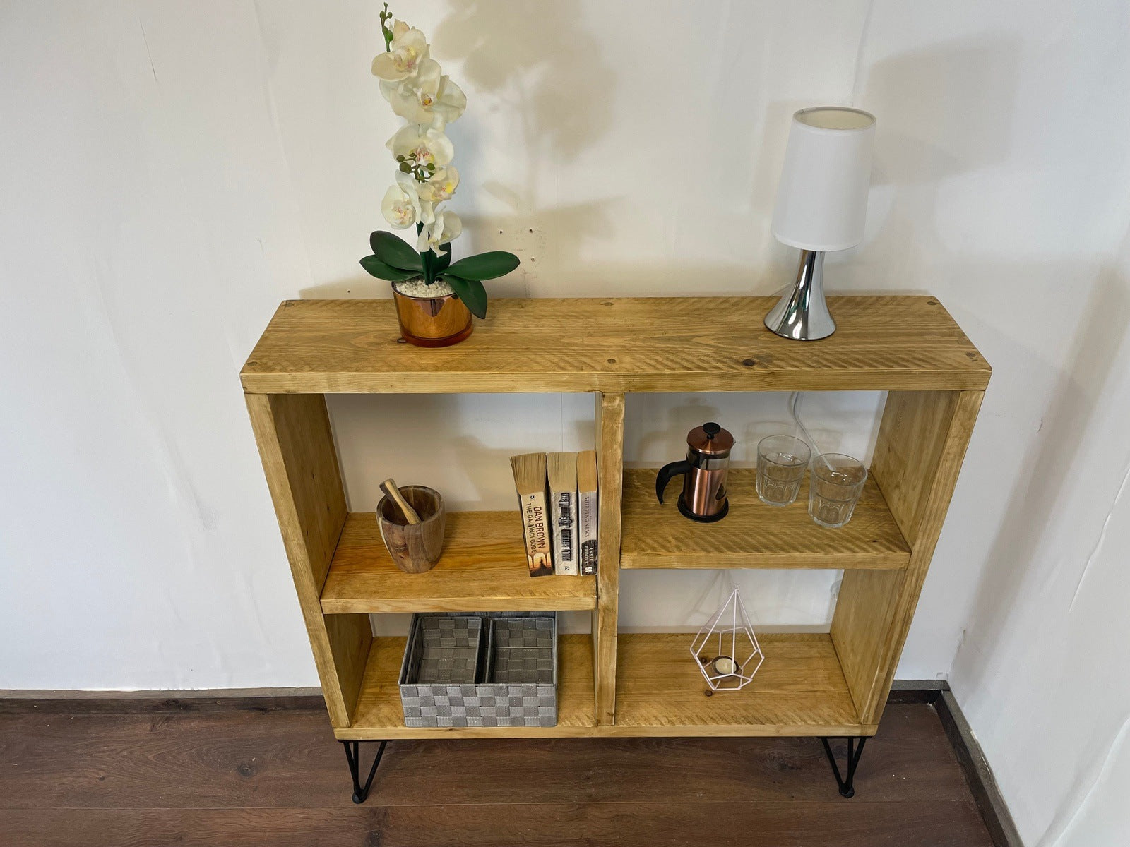 Rustic Sideboard / bookcase with Offset Shelves and Industrial Hairpin Legs - 100cm High - Industerior
