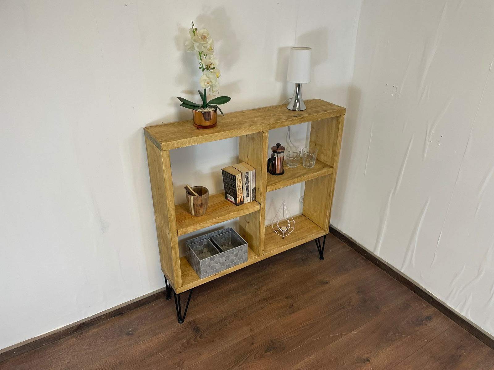 Rustic Sideboard / bookcase with Offset Shelves and Industrial Hairpin Legs - 100cm High - Industerior