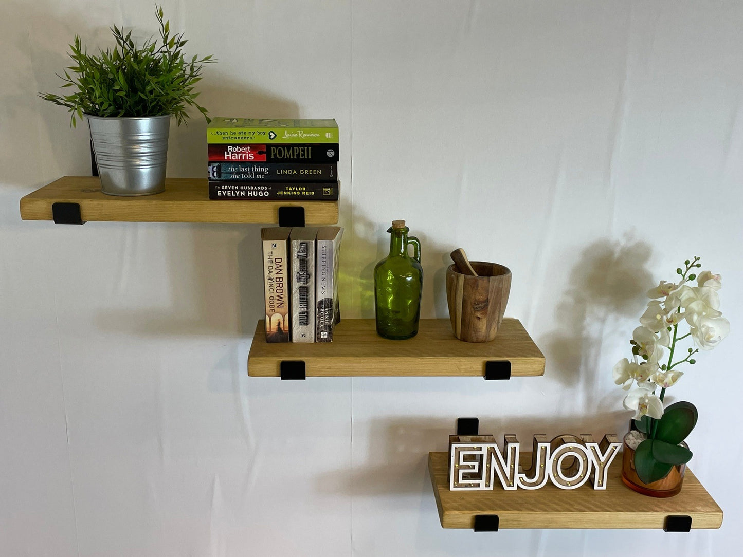 Rustic Wood Shelves with Black Metal Industrial Brackets - 21cm Deep
