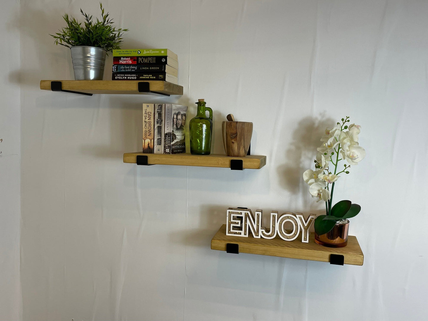 Rustic Wood Shelves with Black Metal Industrial Brackets - 21cm Deep