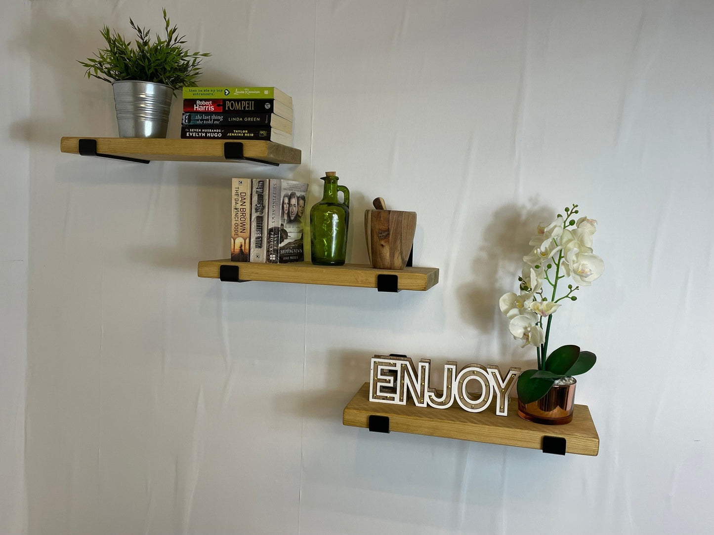Rustic Wood Shelves with Black Metal Industrial Brackets - 21cm Deep