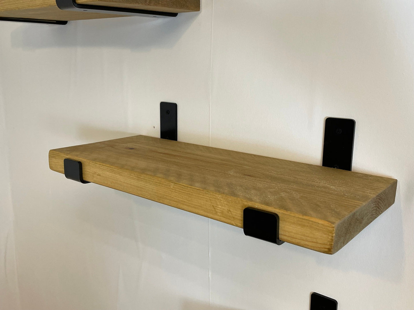 Rustic Wood Shelves with Black Metal Industrial Brackets - 21cm Deep