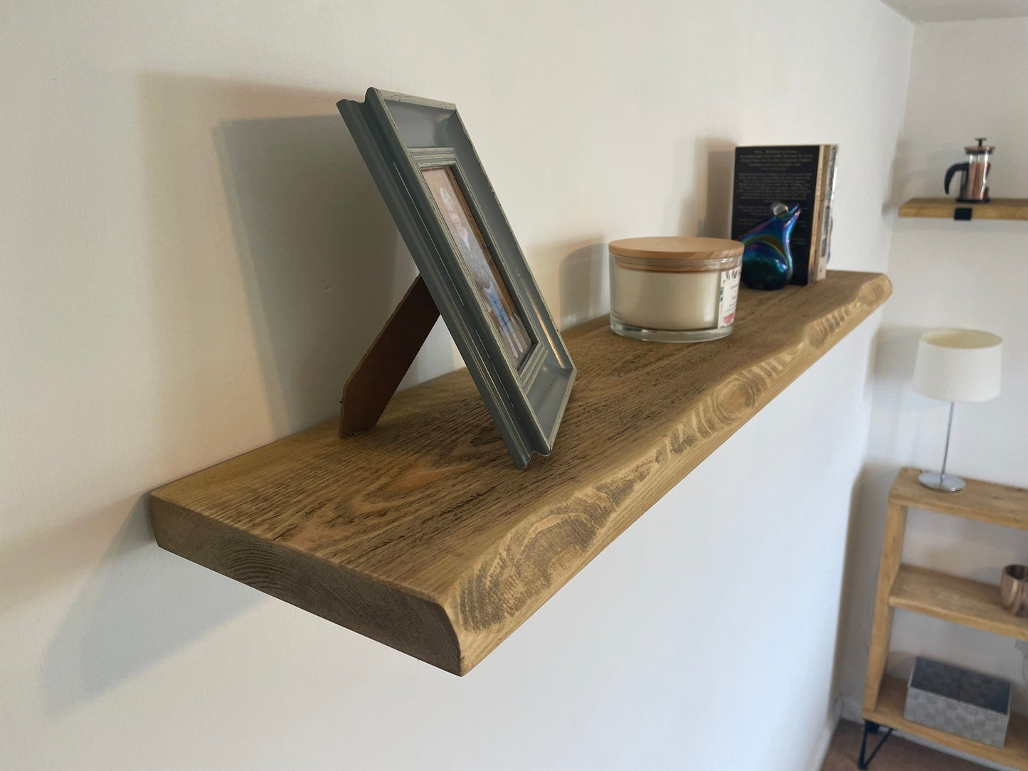 Live Edge Shelf with black prism style brackets, handmade to order, 5 wood finishes.