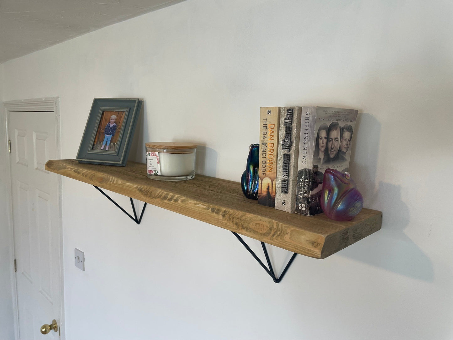 Live Edge Shelf with black prism style brackets, handmade to order, 5 wood finishes.