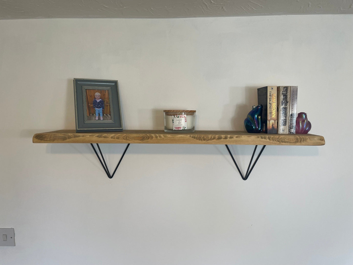 Live Edge Shelf with black prism style brackets, handmade to order, 5 wood finishes.