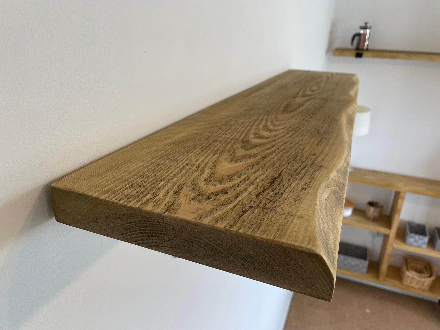 Live Edge Shelf with black prism style brackets, handmade to order, 5 wood finishes.