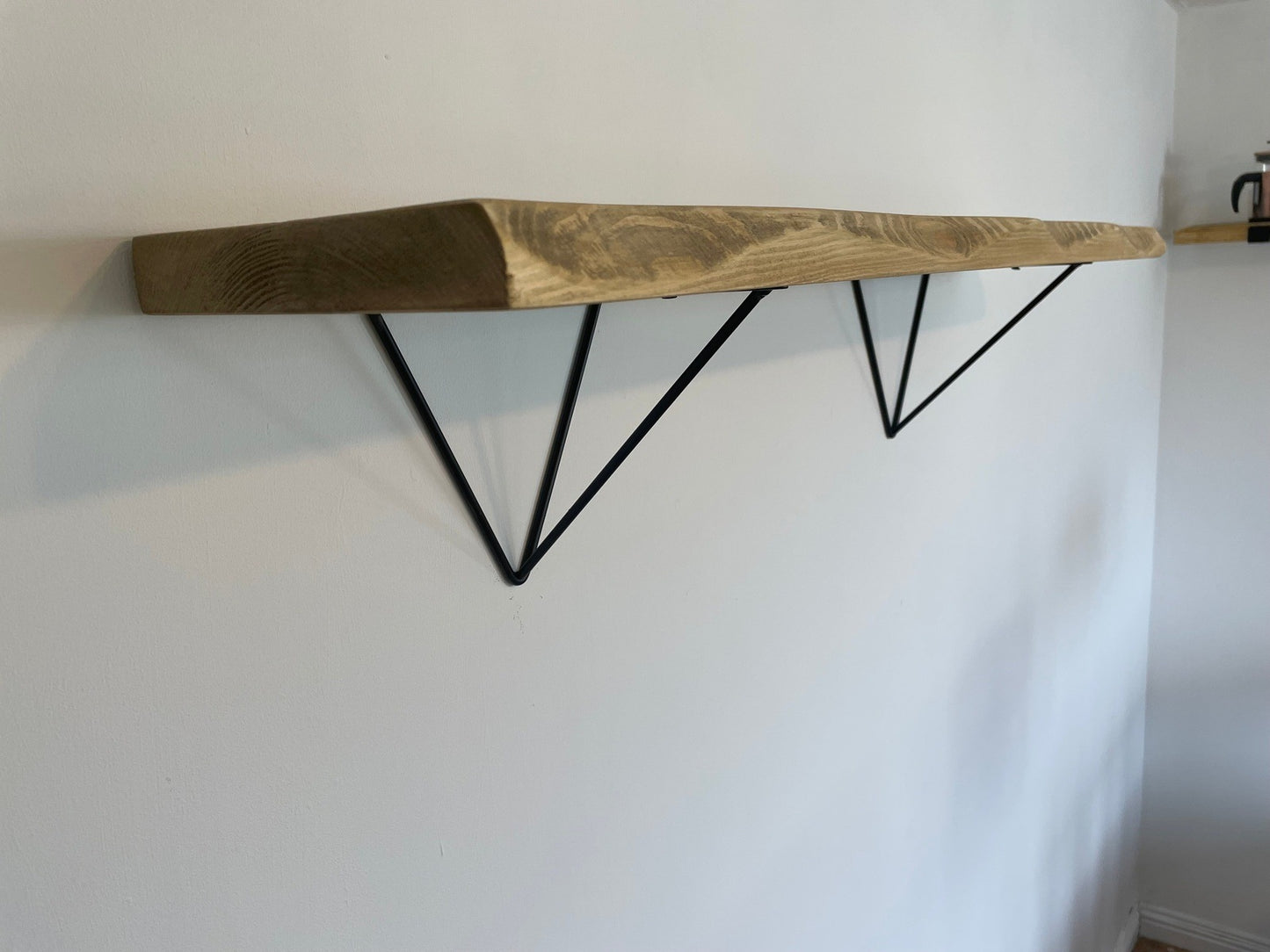 Live Edge Shelf with black prism style brackets, handmade to order, 5 wood finishes. - Industerior