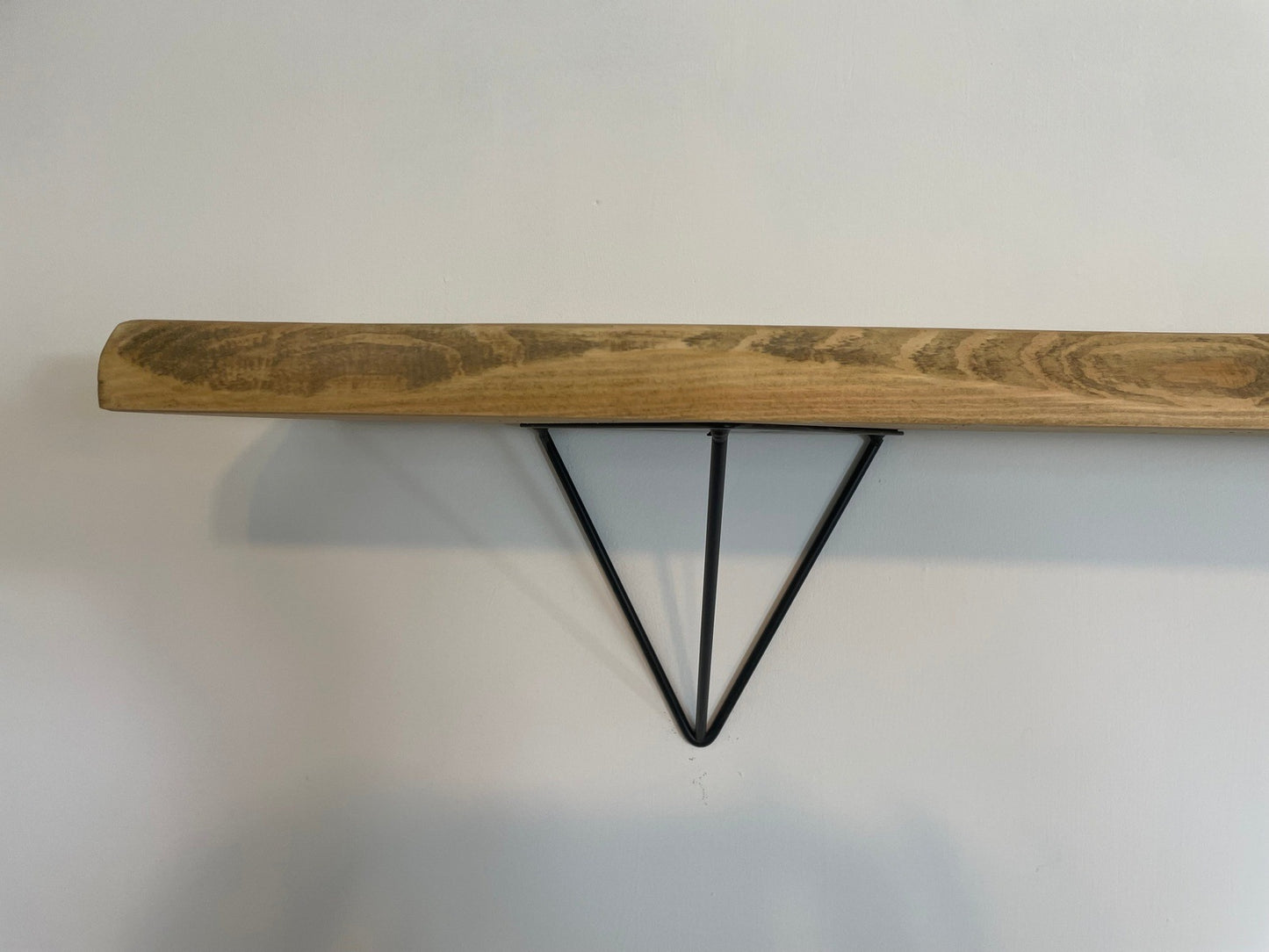 Live Edge Shelf with black prism style brackets, handmade to order, 5 wood finishes.