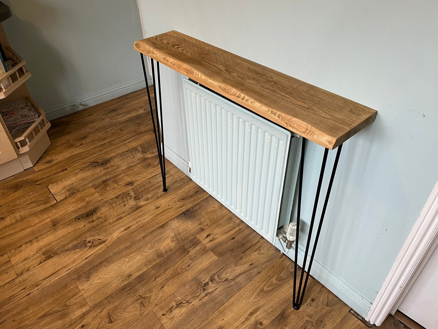 live edge Console Table with Hairpin Legs, radiator shelf, Wooden Rustic Hallway table, Radiator Shelf / Cover, Handmade Wooden Hall Table. - Industerior