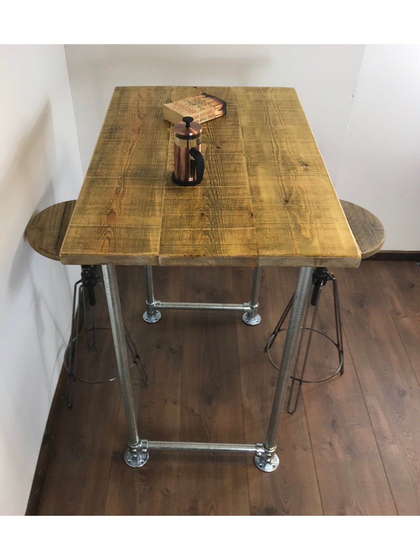 Industrial Rustic Breakfast Bar with shelf, choice of 5 wood finishes with Optional Stools - adjustable feet for uneven floor surfaces