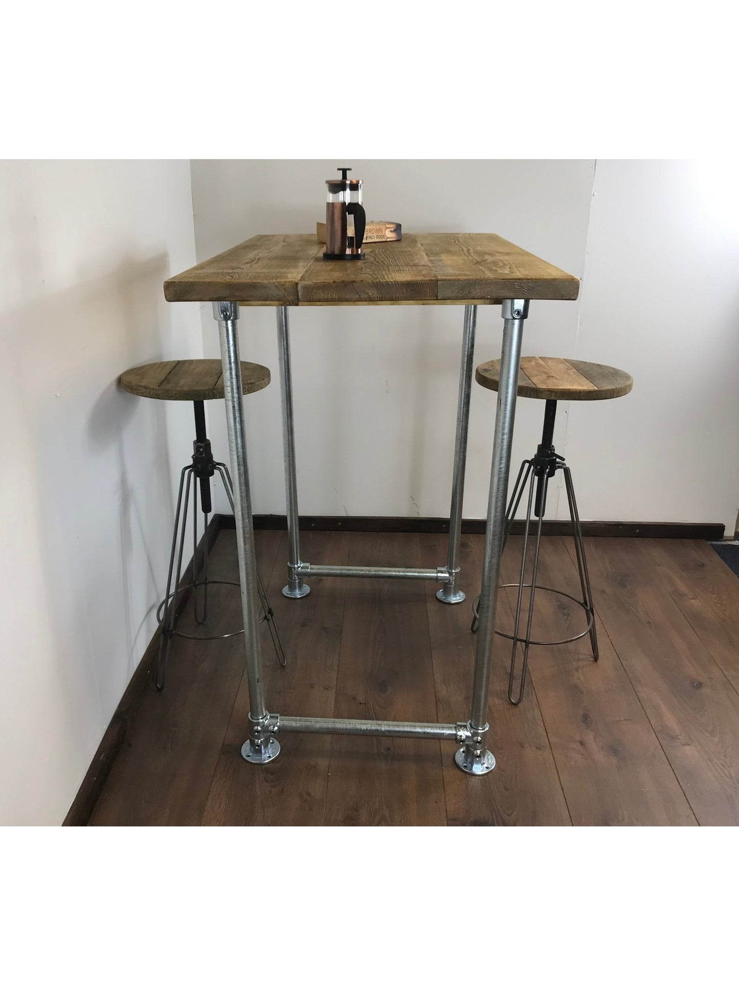 Industrial Rustic Breakfast Bar with shelf, choice of 5 wood finishes with Optional Stools - adjustable feet for uneven floor surfaces