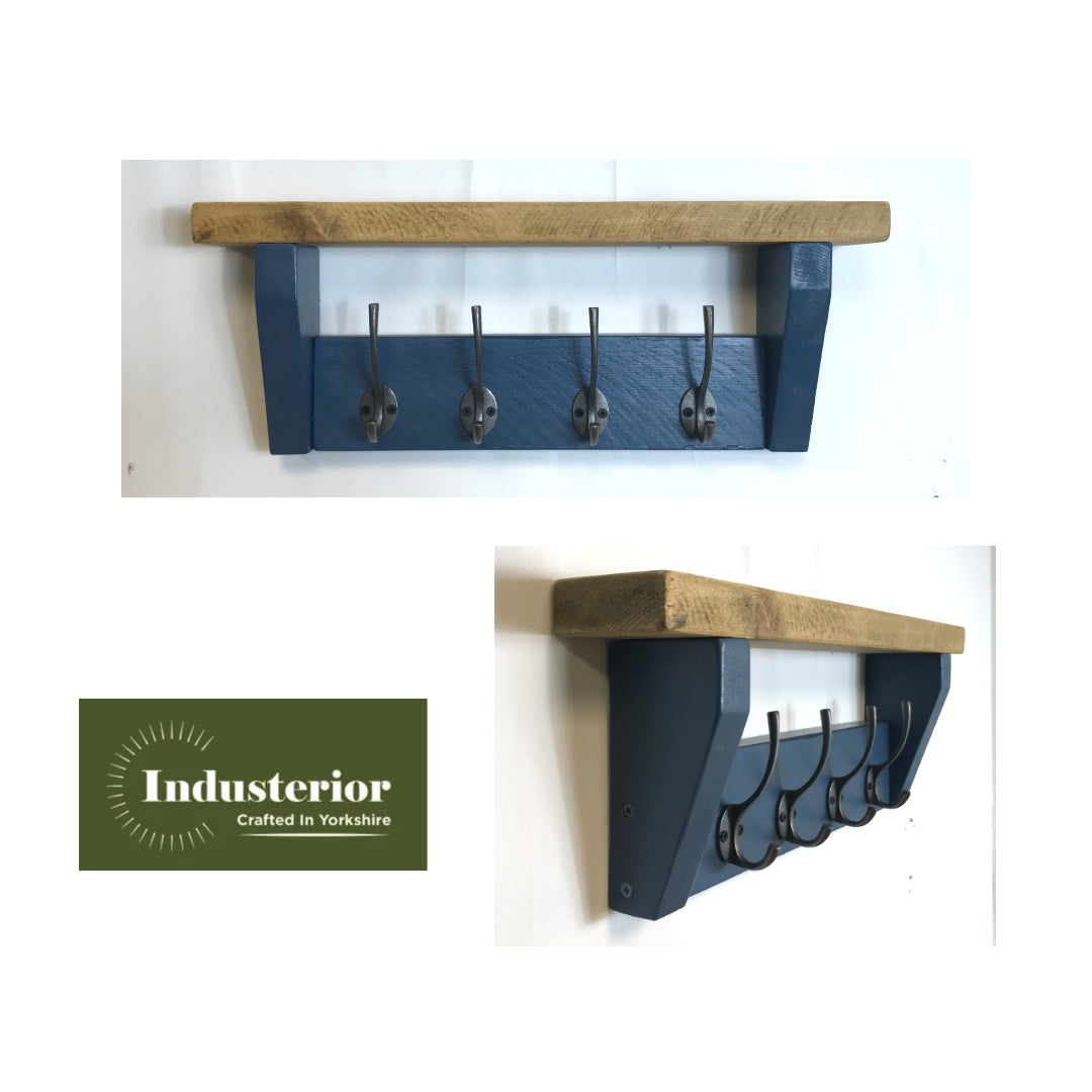 Hicks Blue Coat Rack, Hidden wall fixings, hand painted coat rack with antique shelf, Hallway furniture - Entrance Hall Rack - Industerior