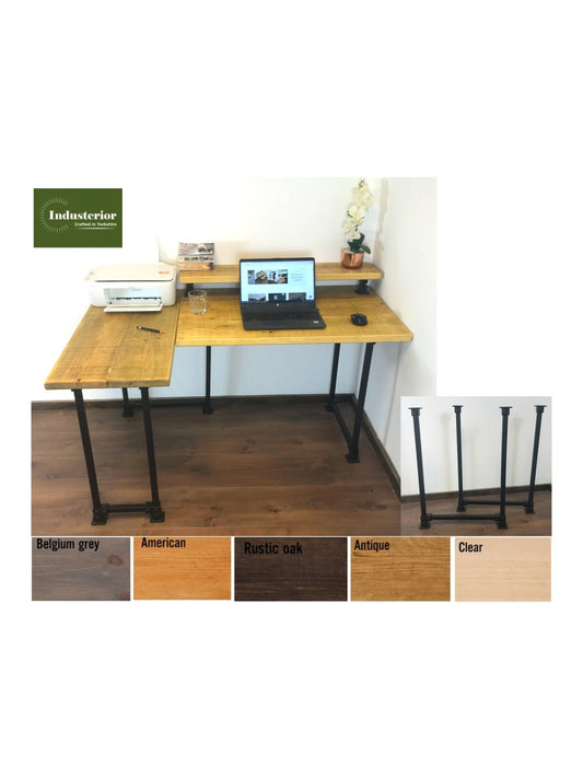 Rustic Corner Desk with Monitor Shelf, black square legs - Left or right-Handed Style - 5 wood Colours, office desk, computer desk - Industerior