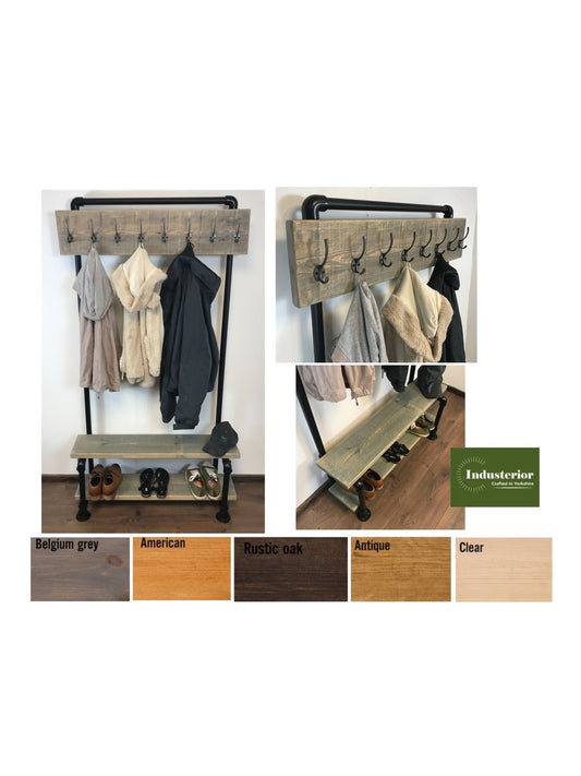 Rustic Coat Rail Rack with shoe bench, Black Pipe frame, Free standing, Rustic, Industrial, hall furniture, entrance hall, storage - Industerior