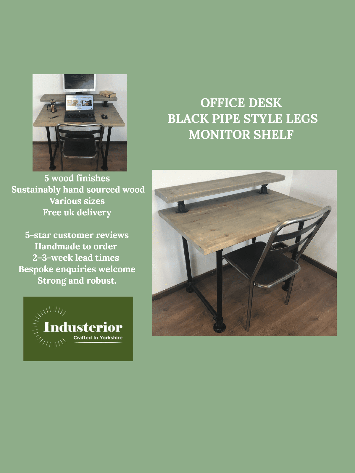 Industrial Office Desk with black Scaffold Pipe Legs, Including monitor shelf. 5 choices of wood finish, Home Office Furniture, sustainable timber-Customisable Sizes