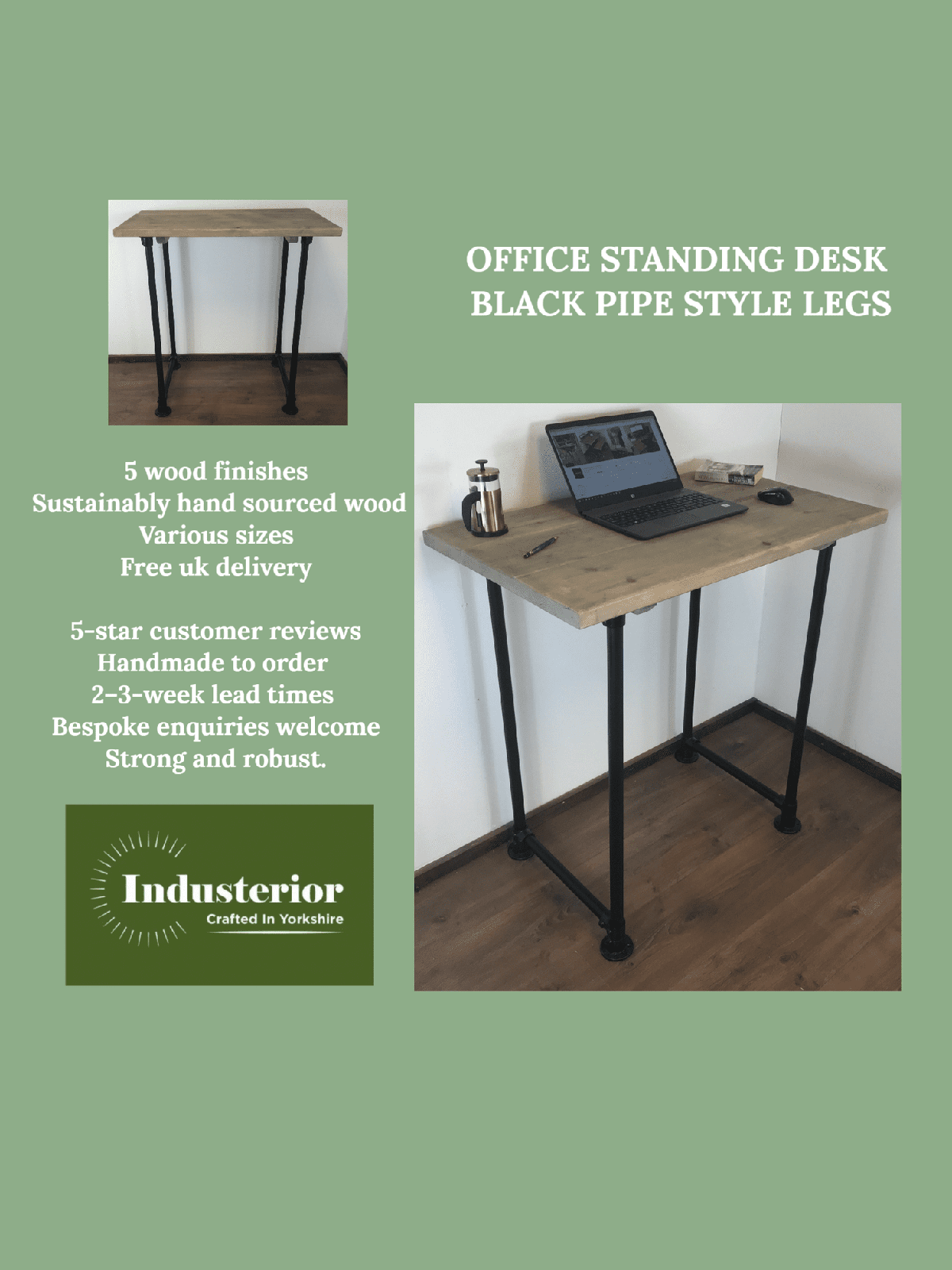 Standing Home Desk with black pipe legs in 5 wood colours. Industrial style standing Desk, home office. Rustic standing desk