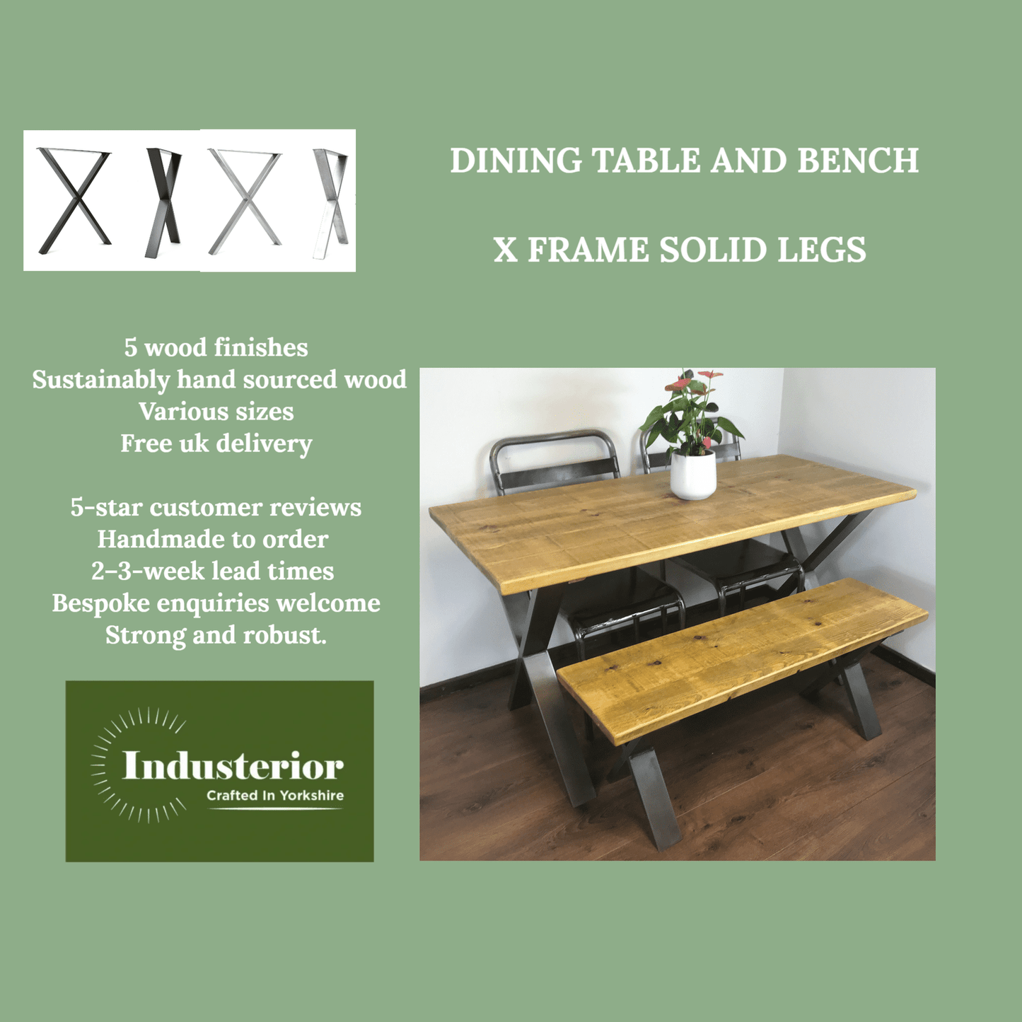 Rustic X-Leg Solid Wood Dining Table Set with Matching Bench Options