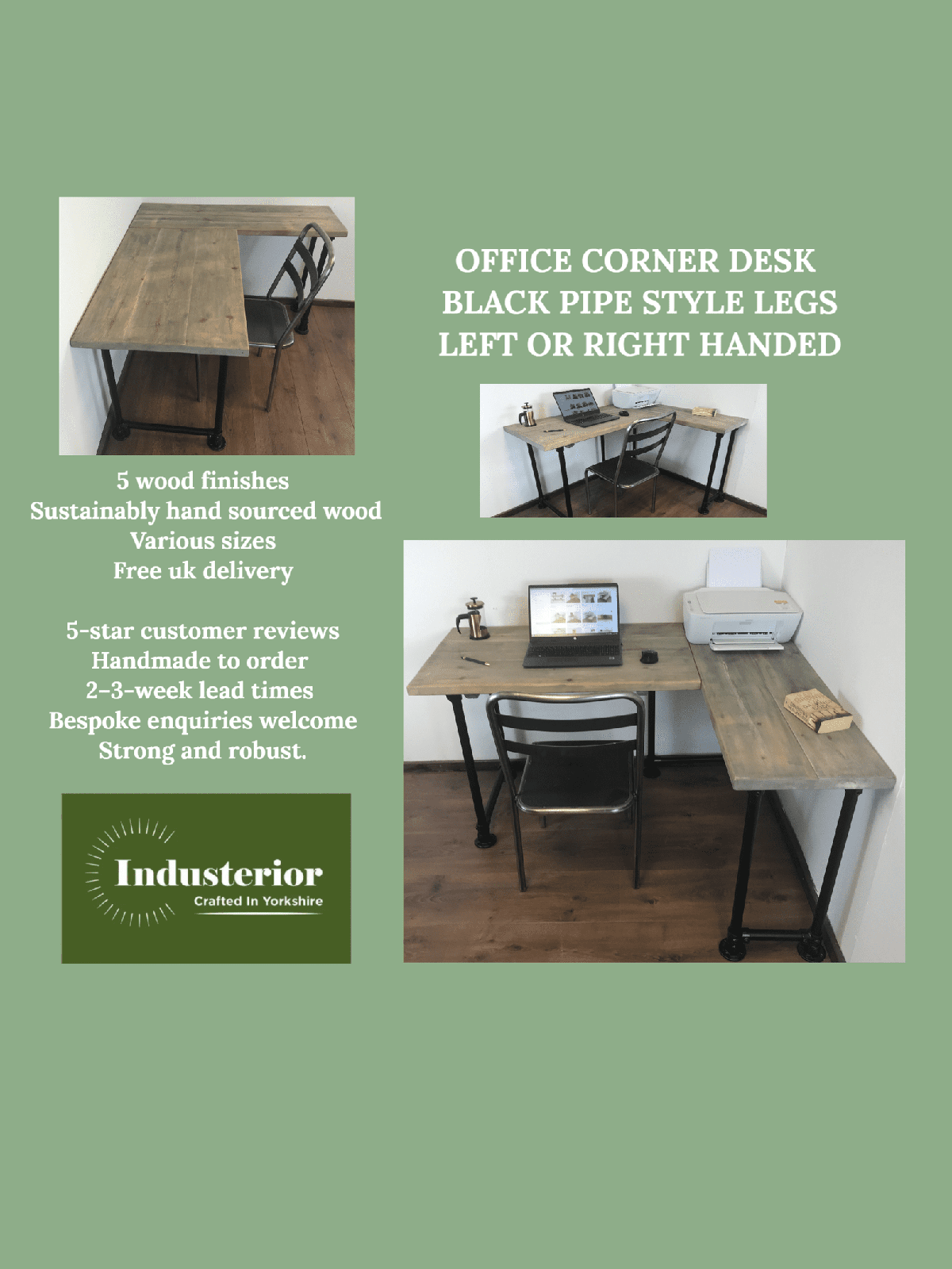 Rustic Corner Desk, with sturdy scaffold style black pipe legs, 5 wood finishes -Right/left-handed-Customisable. Industrial l shaped desk. - Industerior