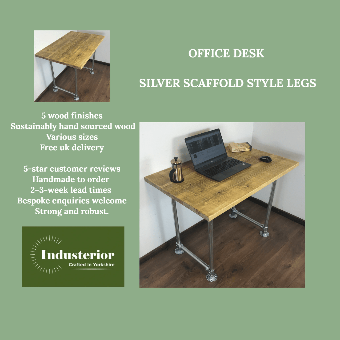 Rustic Industrial Pipe Office Desk with 5 choices of wood finish, Scaffold style office desk using sustainable timber.