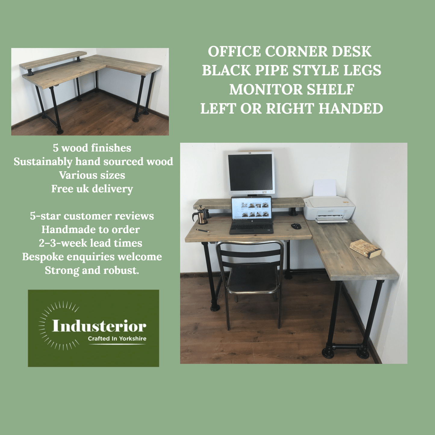 Rustic Corner Desk with Monitor Shelf & black Pipe Legs -Left or right-Handed Style-5 Colours-Customisable Sizes, Industrial L shape desk